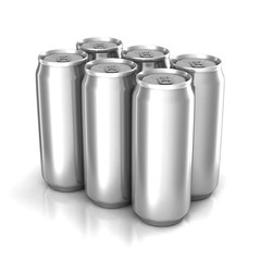 Six aluminum cans isolated on white