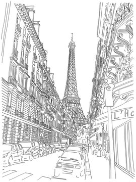 View of the Eiffel Tower from the streets of Paris. Black and white hand-drawing in the contours.
