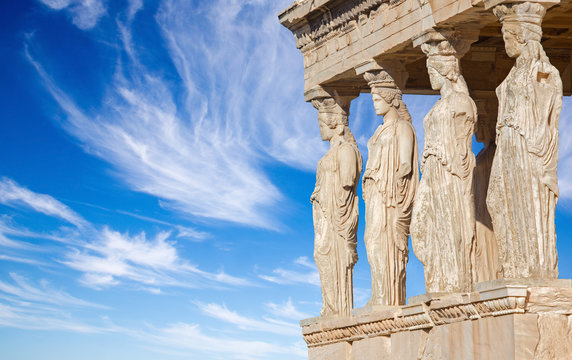 Athens - The statues of Erechtheion on Acropolis in morning light.
