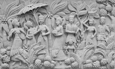 Bas-relief on cement plaster in Thai style, Thailand