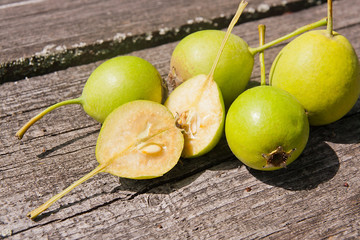 Wild pears fruit on the vintage wooden background.