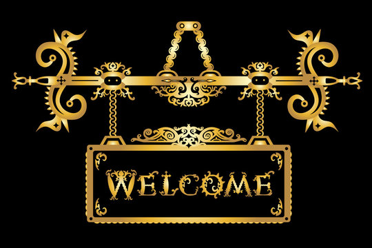 Vector detailed vintage golden signboard and font "Welcome" in a gothic Halloween style on black background. Vector illustration
