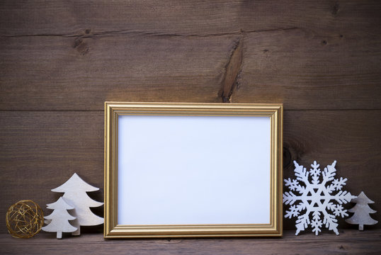 Picture Frame With White Christmas Decoration, Copy Space