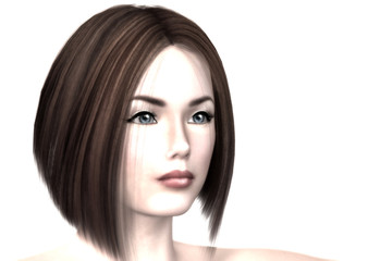 Fototapeta premium The face of a beautiful girl with blue eyes and red lips. Soft skin. Bob hairstyle. Glamorous blur. Isolate. Close up view.