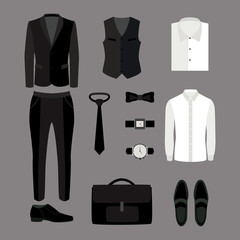 Set of trendy men's clothes and accessories. Men's wardrobe. Vector illustration