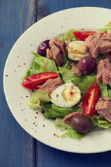 fish salad on white plate on blue wooden background