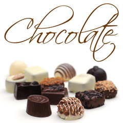 Belgian chocolates on white, shallow depth of field, easy removable sample text