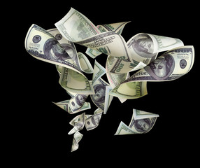 Falling dollars isolated on black background