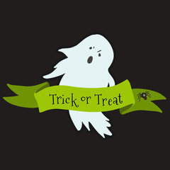 Halloween trick or treat scarry vector illustration with decorative ribbon, text, ghost 