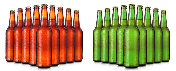 Set of beer's bottles with frosty drops isolated