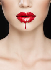 Red lips close-up, make up dripping - obrazy, fototapety, plakaty