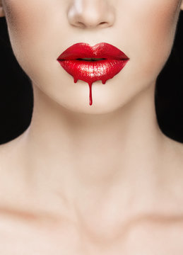 Fototapeta Red lips close-up, make up dripping
