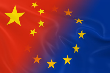 Chinese and European Relations Concept Image - Flags of China and the European Union Fading Together