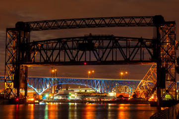 Bridges over the Cuyahoga River in Cleveland, lit up at night