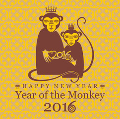 Beautiful card for the New Year, Oriental style. 2016. Pair monkeys.