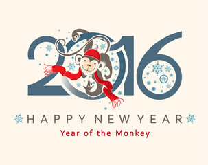 Cute card with a Monkey in circle. New Year's design. 2016