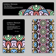 multicolored set of business card and header templates with hand drawn tribal ornament, mandala, for greeting, invitation card, or cover. Vector illustration