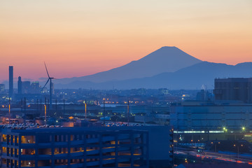 Kawasaki industry city and Mountain fuji at sunset