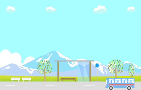 バス停と雪山
