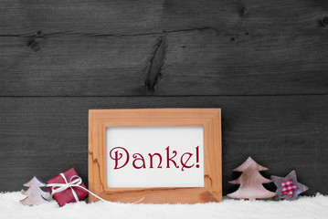 Gray Frame With Christmas Decoration, Snow, Danke Mean Thank You