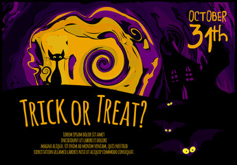 Halloween party flyer. Halloween poster layout with vector illustrations on background: swirls moon, black cat, haunted house, bats. Orange, purple and black colors. 