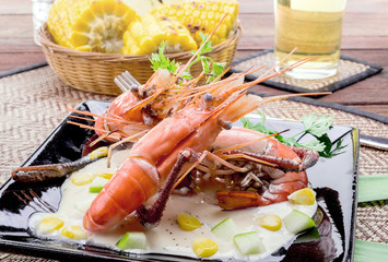 Fried shrimps with glass of beer
