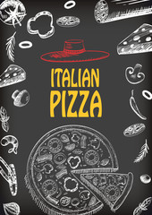 pizza Italian with raw material food design menu brochure advertise drawing style template , black color background vector illustration