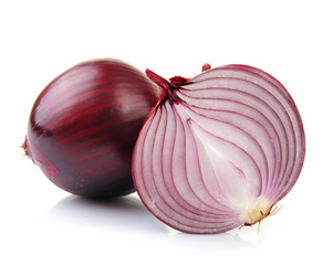 Whole and cut red onions isolated on white