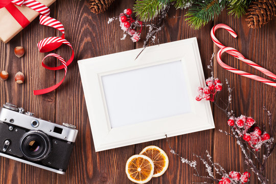 Blank Photo With Christmas Gift, Pine Tree And Camera