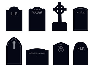 set of six vector silhouettes of gravestones of different shapes with ornament and text