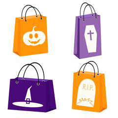 vector set of four Halloween paper bags with Halloween symbols