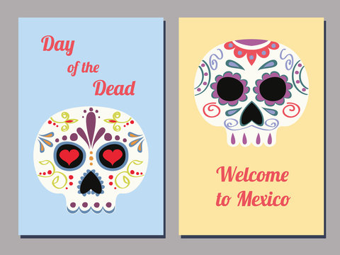 set of two vector greeting cards for the Mexican day of the Dead with decorated human skulls and text