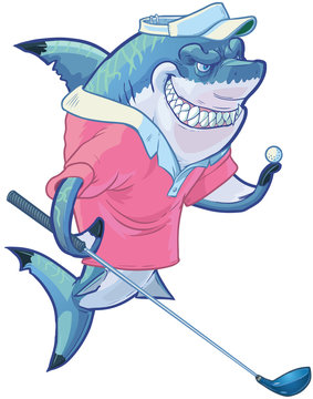 Mean Cartoon Golf Shark with Driver and Ball