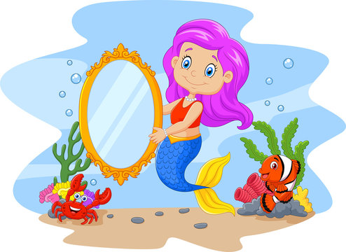 Cartoon funny mermaid holding a classic mirror with sea animal
