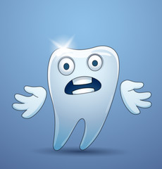 Vector funny tooth looks confused. Cartoon image of a tooth white color that looks confused on a light blue background.