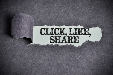 click, like, share word under torn black sugar paper - 94187503