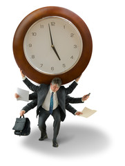 A man in a business suit is struggling with the weight of a giant clock on his shoulders...