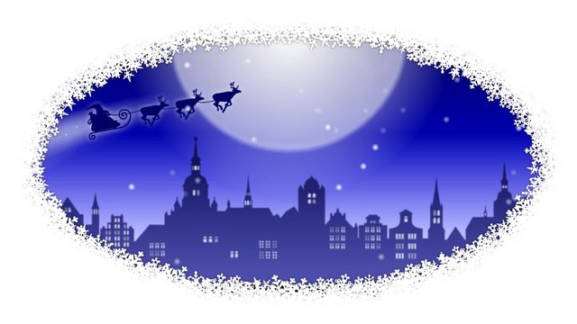 Rentierschlittenfahrt: Weihnachtsmann mit Rentierschlitten &uuml;ber n&auml;chtlicher Stadt vor gro&szlig;em Mond / dekorativer Schneeflockenrand / oval, rund / Textfreiraum / blau, wei&szlig;