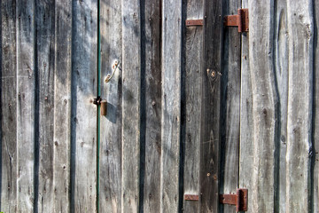 Grunge wooden wall with door, door butt and check-lock. Background.