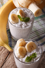 Healthy breakfast: yogurt with chia seeds and banana. vertical
