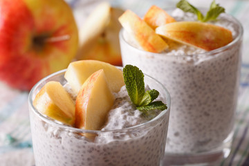 Healthy breakfast: yogurt with chia seeds and apples macro. horizontal
