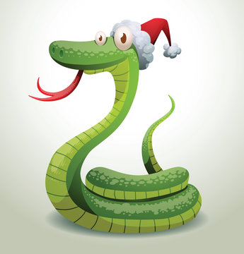 Vector Santa snake curled up. Cartoon image of Santa-snake green color in the red hat curled up on a light background.