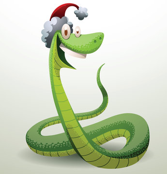 Vector Santa snake laughing. Cartoon image of Santa-snake green color in the red hat laughing on a light background.