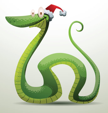 Vector Santa snake smiling. Cartoon image of Santa-snake green color in the red hat smiling on a light background.
