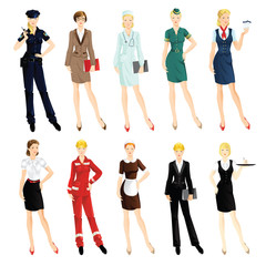 Obraz premium Set of professional woman isolated on white background. Woman in uniform. Professor, business woman, worker, military, stewardess, doctor, waitress, maid, secretary, engineer, policewoman