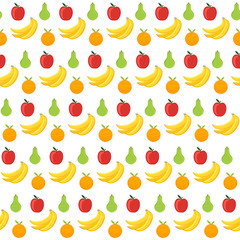 Vector seamless pattern with fruits (pear, apple, banana, orange) on white background. Perfect for background of packing paper, fabric, scrapbook.