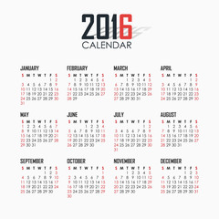 Calendar for 2016 on white background.