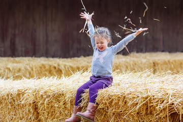 happy girl having fun with hay on a farm © Irina Schmidt