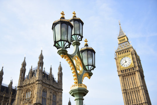 Big Ben And Street Lamp In London, England