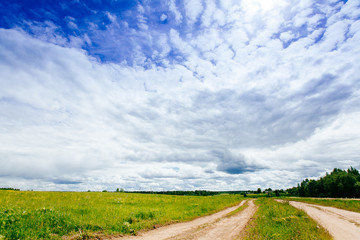 Fototapeta na wymiar Spring summer background - rural road in green grass field meado